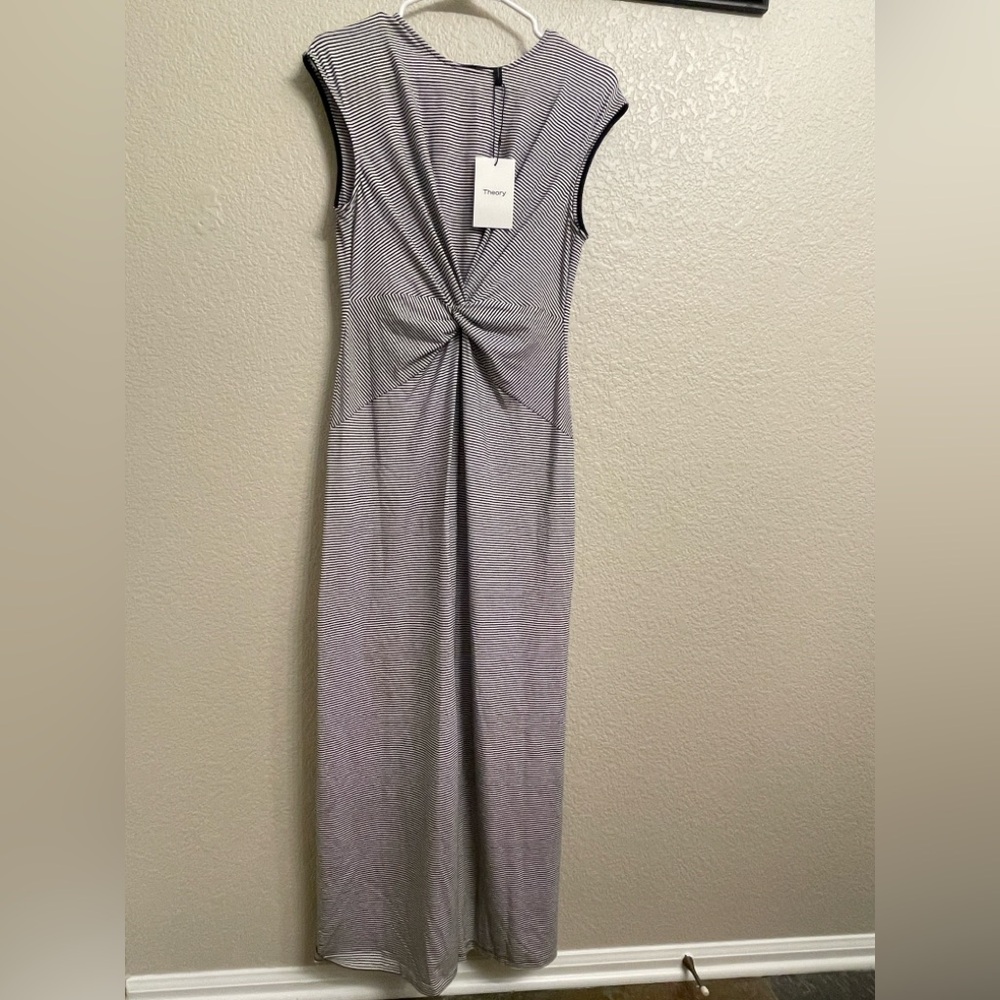 Theory Black and White Striped Knot Front Dress